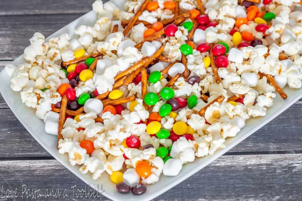 Skittles Popcorn Treat Mix- Love, Pasta and a Tool Belt #ad #SkittlesTourney | skittles | popcorn | desserts | recipes | food | 