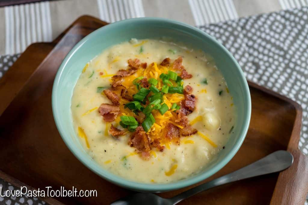 Warm up with a bowl of this delicious Creamy Baked Potato Soup. No chopping or peeling of potatoes required! Just a little prep for a delicious dinner!