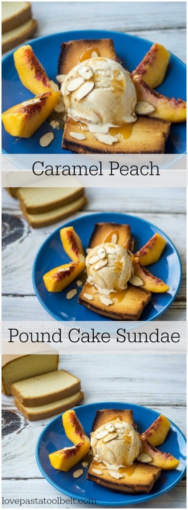 Enjoy your ice cream a new way with this Caramel Peach Pound Cake Sundae!- Love, Pasta and a Tool Belt | desserts | dessert ideas | ice cream | sweet treats | ice cream recipes | sundaes |  #EasySimpleSweet #ad #PMedia