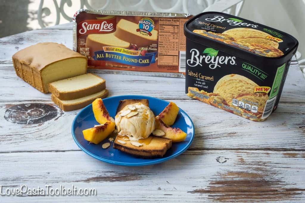 Enjoy your ice cream a new way with this Caramel Peach Pound Cake Sundae!- Love, Pasta and a Tool Belt | desserts | dessert ideas | ice cream | sweet treats | ice cream recipes | sundaes |  #EasySimpleSweet #ad #PMedia