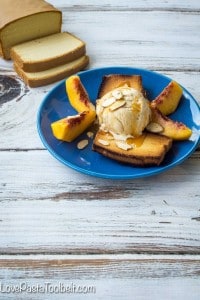 Enjoy your ice cream a new way with this Caramel Peach Pound Cake Sundae!- Love, Pasta and a Tool Belt | desserts | dessert ideas | ice cream | sweet treats | ice cream recipes | sundaes | #EasySimpleSweet #ad #PMedia