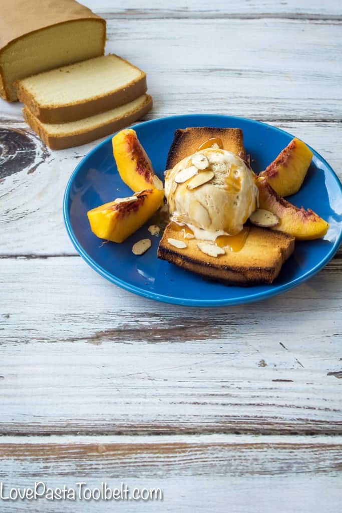 Enjoy your ice cream a new way with this Caramel Peach Pound Cake Sundae!- Love, Pasta and a Tool Belt | desserts | dessert ideas | ice cream | sweet treats | ice cream recipes | sundaes |  #EasySimpleSweet #ad #PMedia