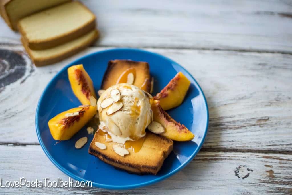 Enjoy your ice cream a new way with this Caramel Peach Pound Cake Sundae!- Love, Pasta and a Tool Belt | desserts | dessert ideas | ice cream | sweet treats | ice cream recipes | sundaes |  #EasySimpleSweet #ad #PMedia