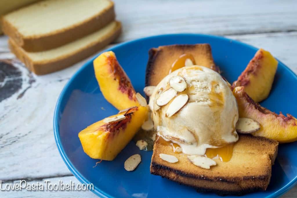 Enjoy your ice cream a new way with this Caramel Peach Pound Cake Sundae!- Love, Pasta and a Tool Belt | desserts | dessert ideas | ice cream | sweet treats | ice cream recipes | sundaes |  #EasySimpleSweet #ad #PMedia