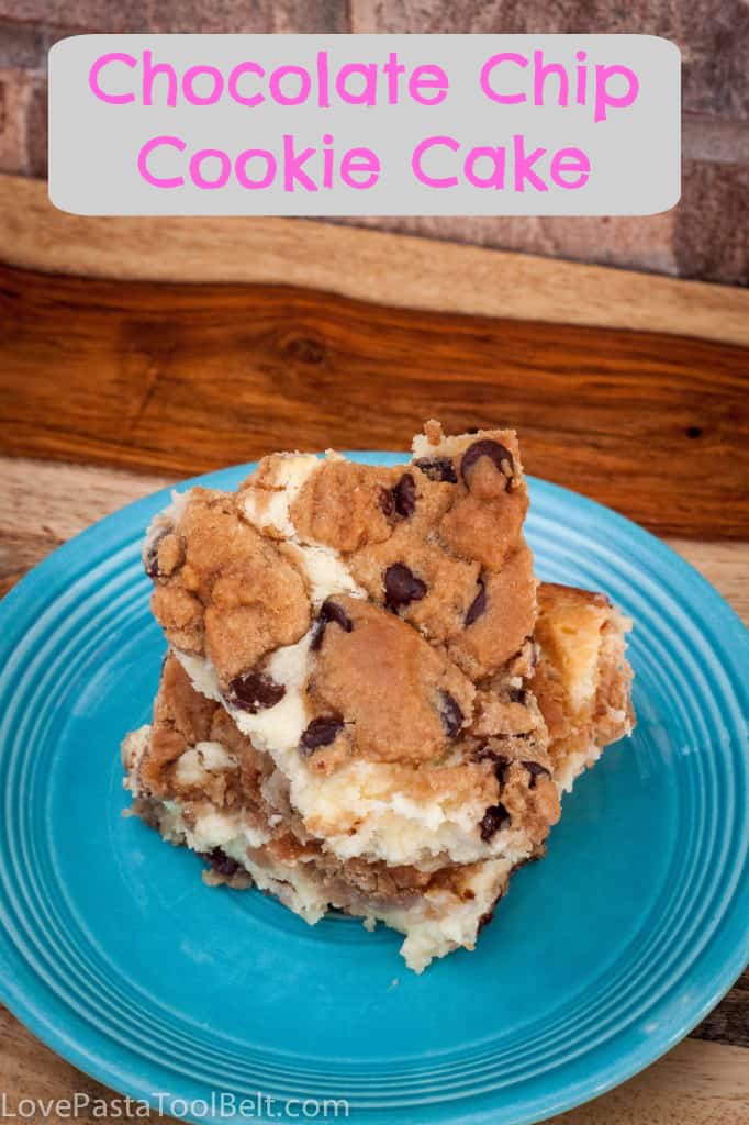 This Chocolate Chip Cookie Cake is filled with a delicious cream cheese mixture. It is easy to make and the perfect dessert- Love, Pasta and a Tool Belt