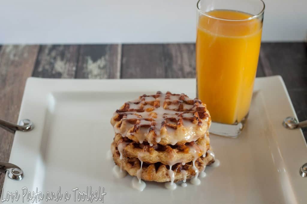 Cinnamon Roll Waffles are the perfect addition to your breakfast menu- Love, Pasta and a Tool Belt #WarmUpYourDay #ad | breakfast | waffles | cinnamon rolls | 