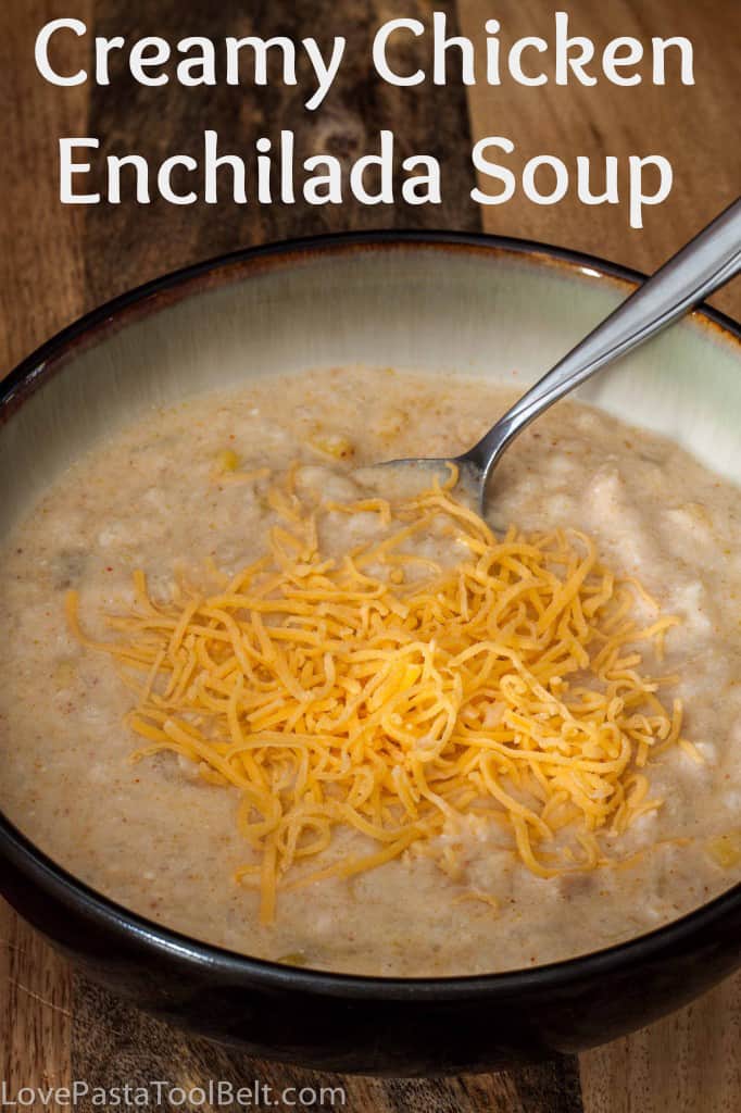 Crockpot Creamy Chicken Enchilada Soup is a delicious and tasty crockpot soup recipe - Love, Pasta and a Tool Belt | soup | crockpot | recipes |