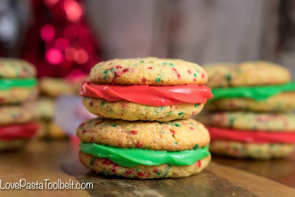 Thick and chewy cookies sandwiched together with delicious buttercream icing, these Funfetti Cookie Sandwiches will be a hit with the family any time of the year!
