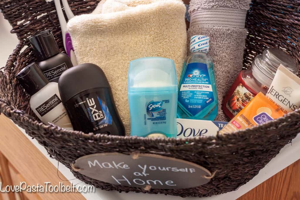 Help your guests feel more at home with this Guest Bathroom Welcome Basket!- Love, Pasta and a Tool Belt #ad #CraftedExperience | welcome basket | guest ideas | gift ideas | 