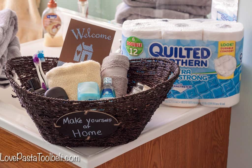 Help your guests feel more at home with this Guest Bathroom Welcome Basket!- Love, Pasta and a Tool Belt #ad #CraftedExperience | welcome basket | guest ideas | gift ideas | 