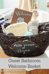 Help your guests feel more at home with this Guest Bathroom Welcome Basket!- Love, Pasta and a Tool Belt #ad #CraftedExperience | welcome basket | guest ideas | gift ideas |