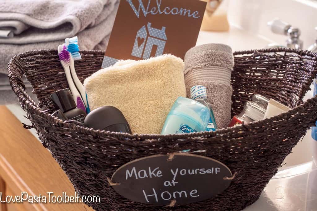 Help your guests feel more at home with this Guest Bathroom Welcome Basket!- Love, Pasta and a Tool Belt #ad #CraftedExperience | welcome basket | guest ideas | gift ideas |