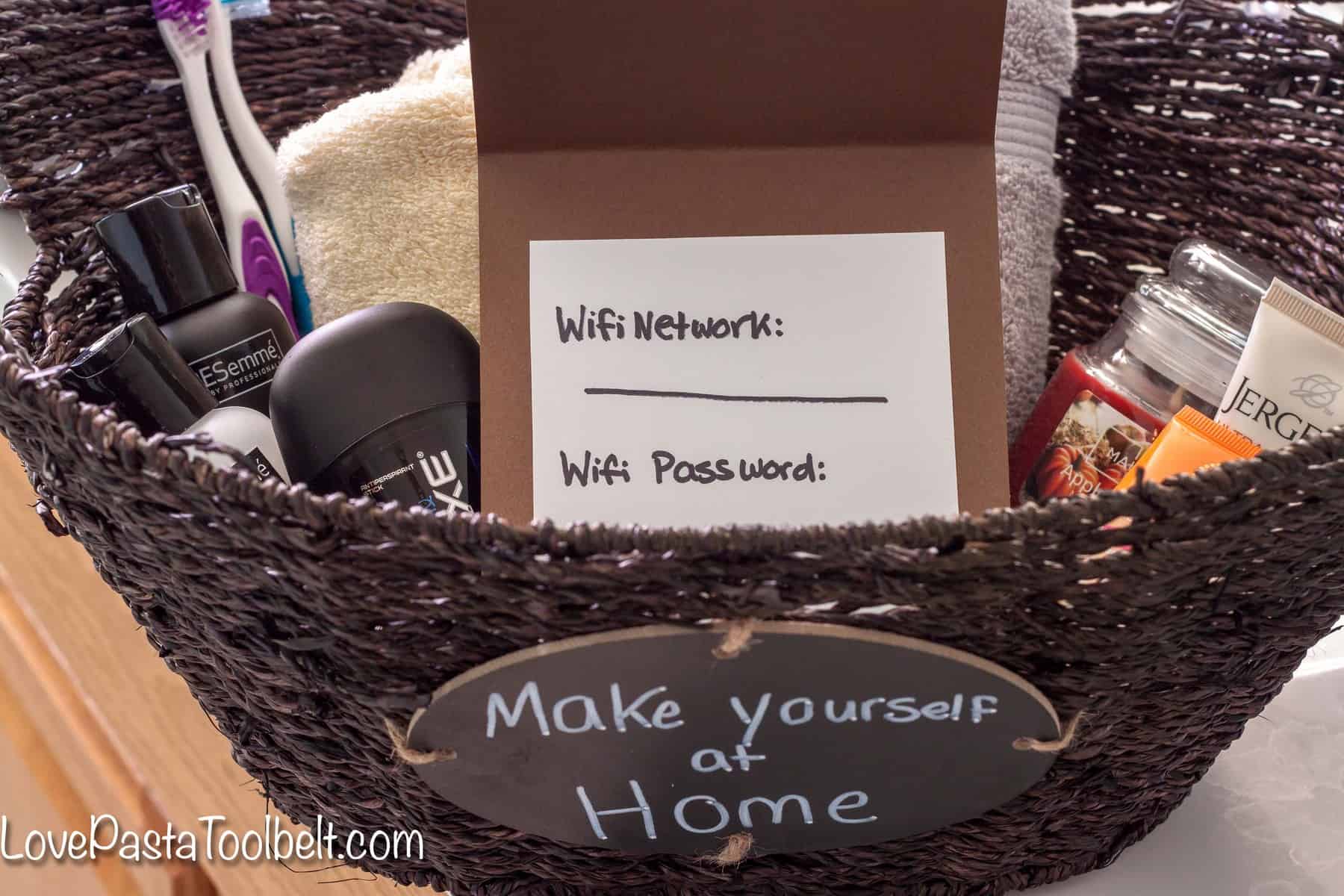 guest bathroom welcome basket - love, pasta, and a tool belt