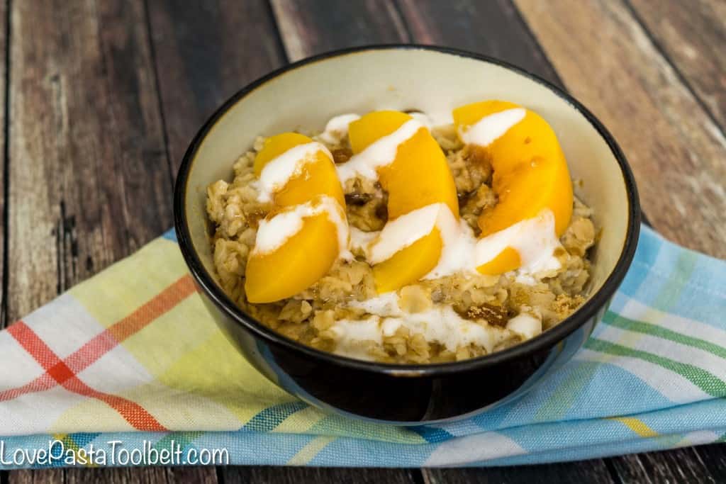 Mix up your breakfast routine with this Peaches n' Cream Oatmeal- Love, Pasta and a Tool Belt #BringYourBestBowl #Kroger #ad | breakfast | recipes | recipe ideas | brunch |