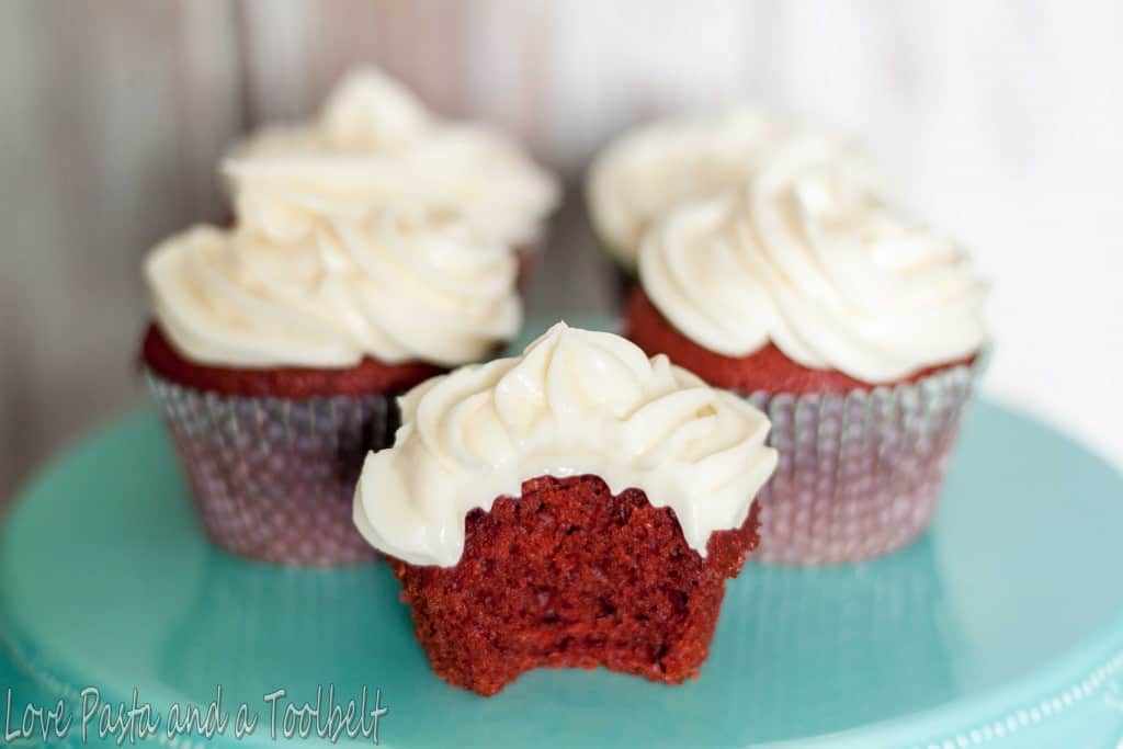 These are the most delicious homemade Red Velvet Cupcakes with a perfect cream cheese frosting- Love, Pasta and a Tool Belt | desserts | recipes | food | cupcakes | red velvet | sweets | cake | 