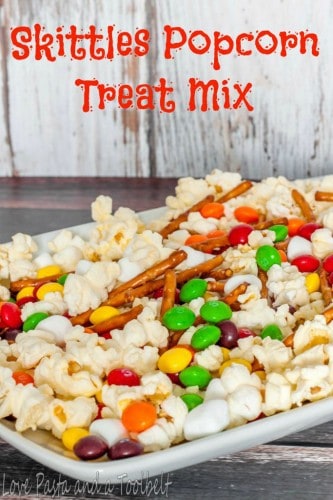 Skittles Popcorn Treat Mix- Love, Pasta and a Tool Belt #ad #SkittlesTourney | skittles | popcorn | desserts | recipes | food |