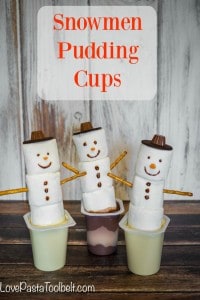 Add some fun to your pudding with these Snowmen Pudding Cups!- Love, Pasta and a Tool Belt #SnackPackMixins #ad | Desserts | Christmas | Treats | Dessert Ideas |