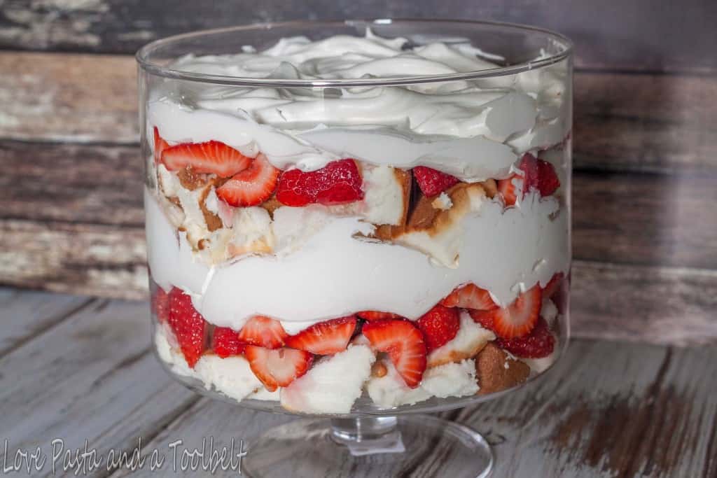 Beat the heat with this chilled Strawberry Trifle Dessert- Love, Pasta and a Tool Belt | desserts | trifle | strawberries | angel food cake | cake | cool whip | cold desserts | 