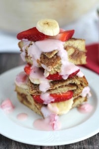 Stuffed French Toast Casserole topped with Strawberries and Cream